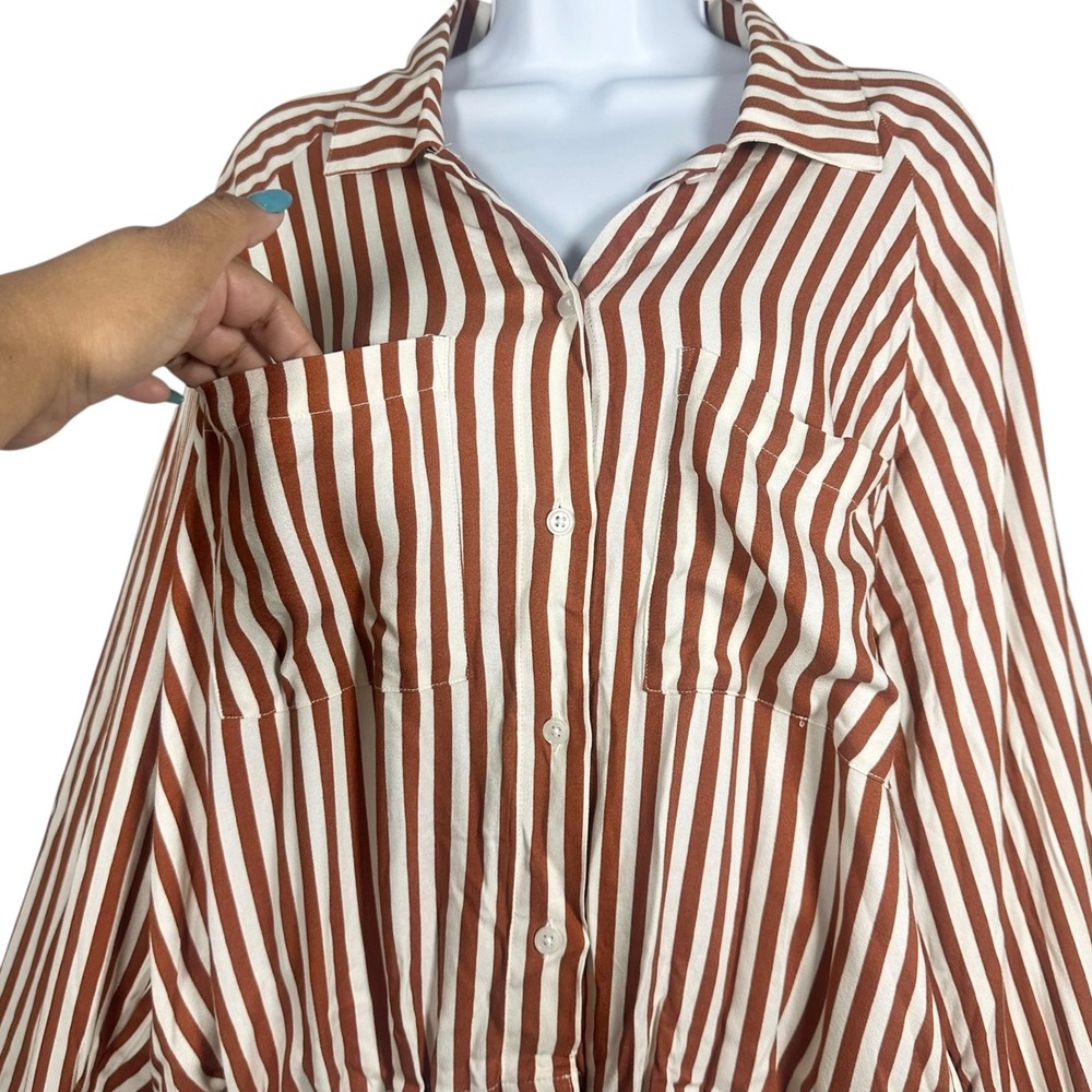 LNA Evereve Alpine Striped Button Down Shirt Drawstring Hem Brown Ivory L NWT - Picture 7 of 13
